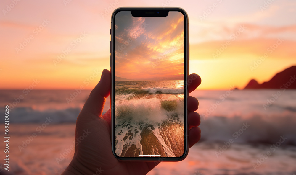 closeup shot of person holding mobile phone in hand and taking photo of beautiful sunset over sea, nature photography with smartphone camera - obrazy, fototapety, plakaty 