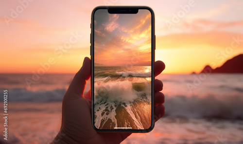 closeup shot of person holding mobile phone in hand and taking photo of beautiful sunset over sea, nature photography with smartphone camera photo