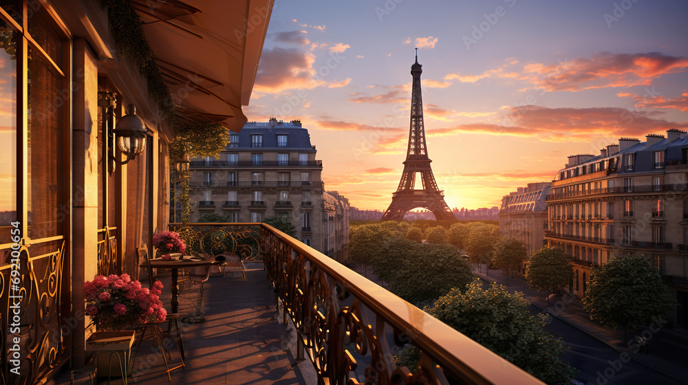 terrace or balcony with Eiffel tower view at sunset, romantic vacation at Paris - obrazy, fototapety, plakaty 