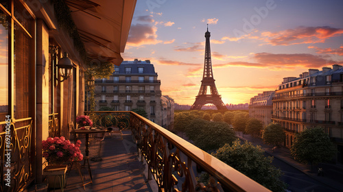 terrace or balcony with Eiffel tower view at sunset, romantic vacation at Paris photo