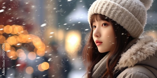 Close up portrait of beautiful asian woman in winter clothes.