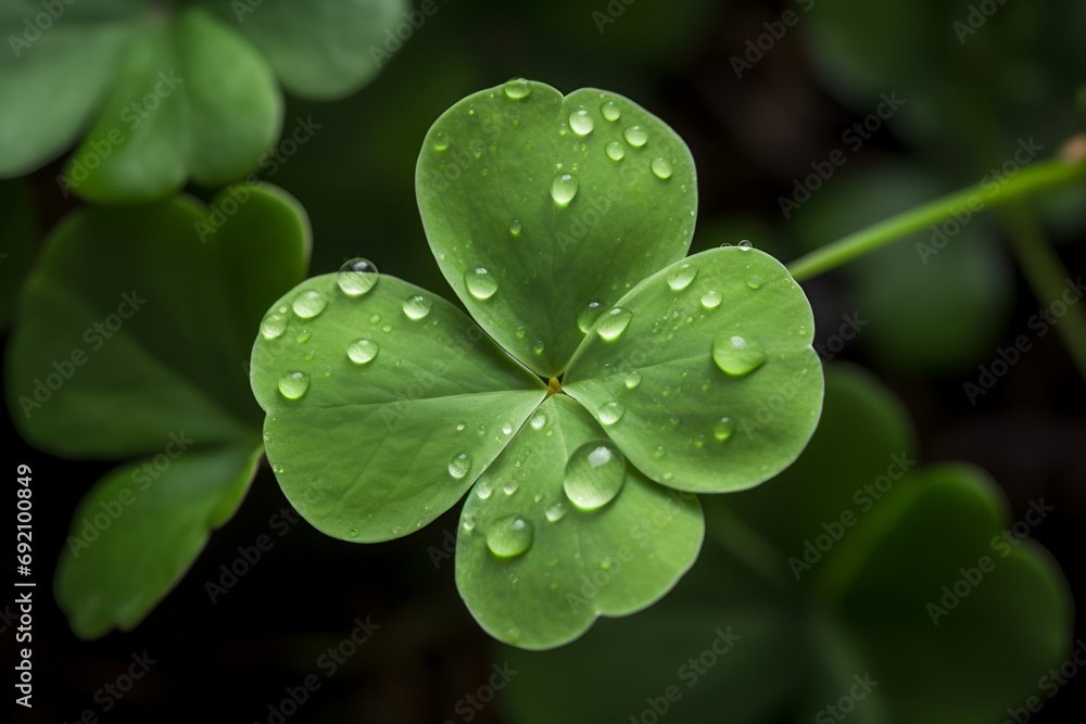 clover leaf with water drops, close-up, top view, dark background clover leaf with water drops, close-up, top view, dark background