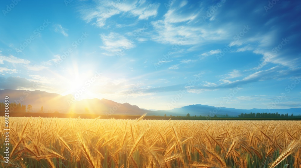 Sunrise over serene countryside vibrant wheat fields and fluffy clouds on clear blue sky