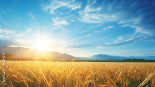 Sunrise over serene countryside vibrant wheat fields and fluffy clouds on clear blue sky