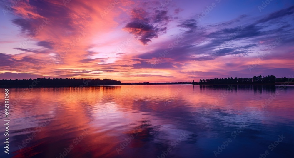 sunset with idyllic purple and pink dramatic clouds over lake water, gorgeous sunrise over pond