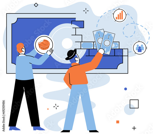 Crowdfunding. Vector illustration. Financial backing provides lifeline for struggling businesses in crowdfunding Investors shape future innovation through crowdfunding Financial support accelerates