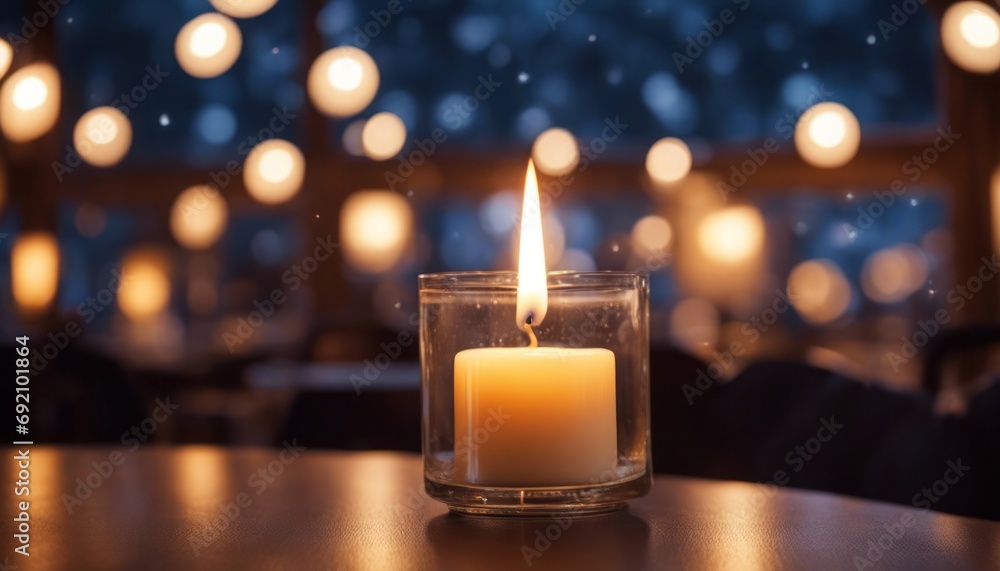 Lit up candle at an outdoor table of a restaurant in winter, cosy atmosphere, selective focus Lit up candle at an outdoor table of a restaurant in winter, cosy atmosphere, selective focus
