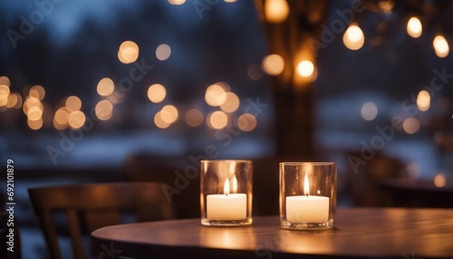 Lit up candle at an outdoor table of a restaurant in winter, cosy atmosphere, selective focus photo