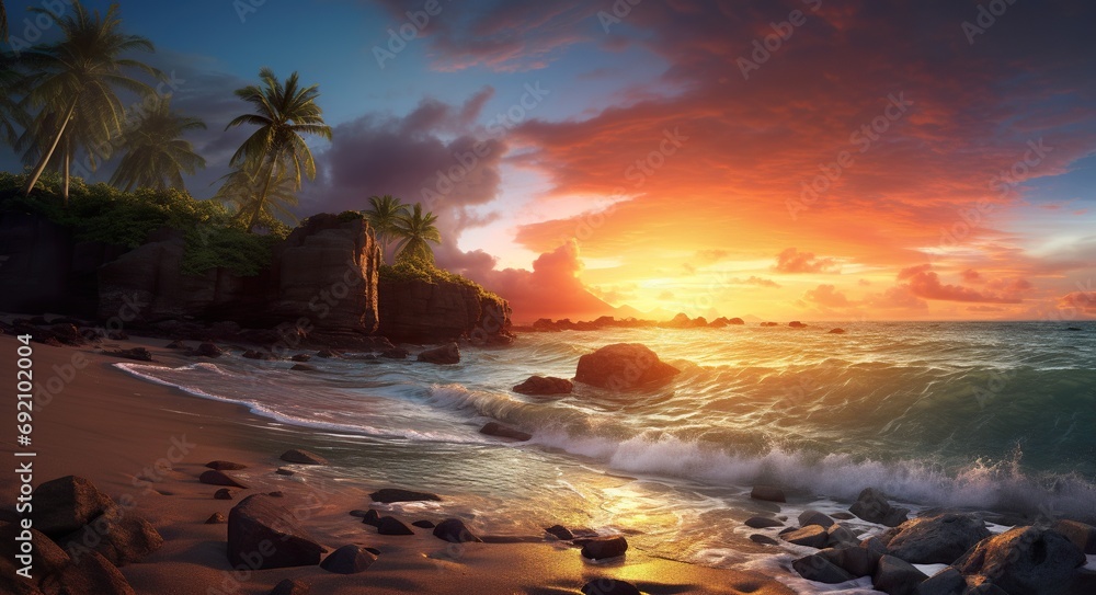 beautiful tropical beach with palm trees and blue water at sunset, idyllic vacation destination, exotic paradise coast