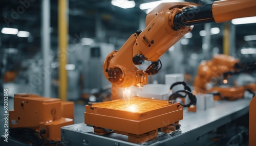 Orange Robotic arm manufacturing Electric vehicle battery at a giga factory