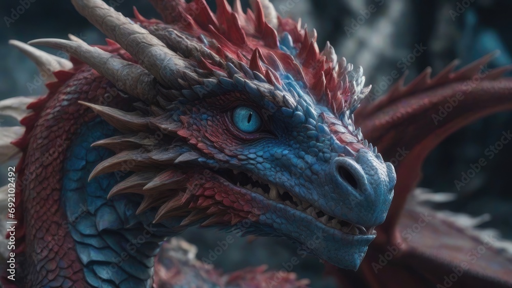 Against an abstract, vibrant backdrop, a scary dragon emerges, its color exuding danger and mystique. Generated with AI Against an abstract, vibrant backdrop, a scary dragon emerges, its color exuding danger and mystique. Generated with AI