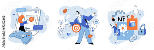Digital asset vector illustration. The financial sector is adapting to digital revolution, incorporating virtual currencies into their services The concept digital assets encompasses broad range