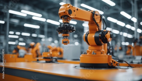 Orange Robotic arm manufacturing Electric vehicle battery at a giga factory