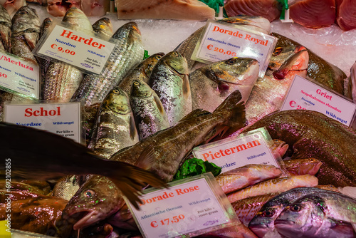 Canvas Print Many kinds of seafood on sell in Albert Cuyp Market in Amsterdam