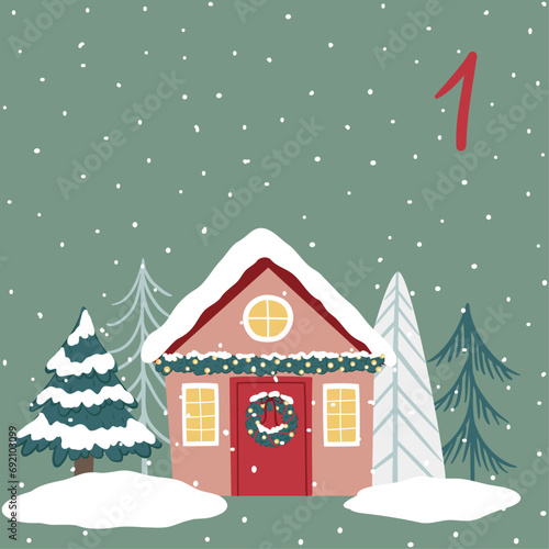 Christmas illustration with cozy house  trees and numbers for advent calendar