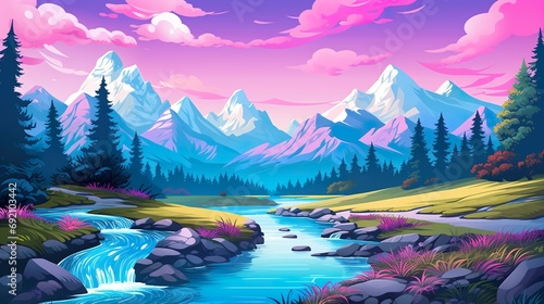 illustration of idyllic summer landscape with river, forest and mountains, beautiful nature scenery photo