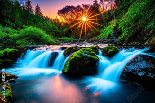 Waterfall in the forest-waterfall in forest with sunrise