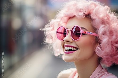 Carefree and happy young woman enjoying summer, exuding positive vibes with a bright smile and style.