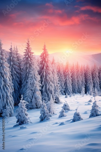 beautiful winter landscape with snowy mountains and fir tree forest, slope with snow scenery, in style of purple and pink © goami