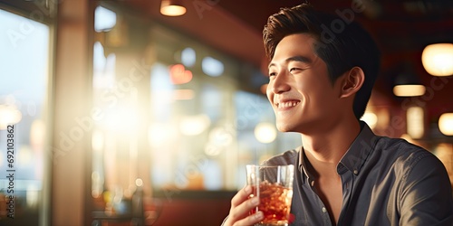 Young Asian man drinking cocktails in a stylish restaurant, bringing joy to the nightlife scene.