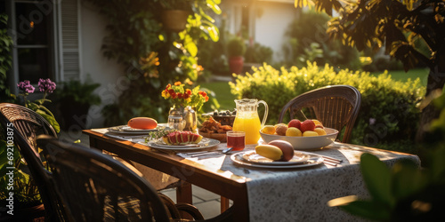 Fresh and healthy breakfast outdoors, featuring orange juice, fruit, and a delightful spread in a garden setting.