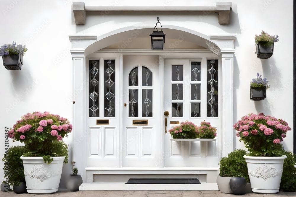 An inviting white front door adorned with small square decorative windows and complemented by charming flower pots.