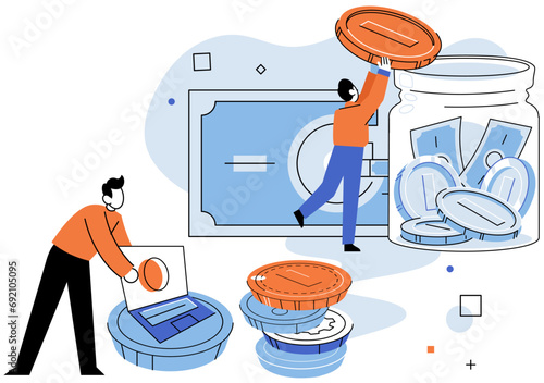 Crowdfunding. Vector illustration. Profitability is key consideration in crowdfunding for both backers and entrepreneurs The crowds financial support turns creative vision into profitable business