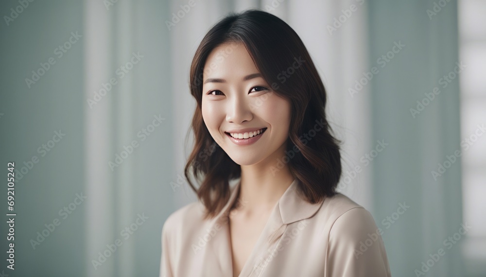 Portrait of a joyful fictional Japanese woman smiling. Graceful and elegant lady. Natural beauty. for skincare, cosmetic, model Portrait of a joyful fictional Japanese woman smiling. Graceful and elegant lady. Natural beauty. for skincare, cosmetic, model