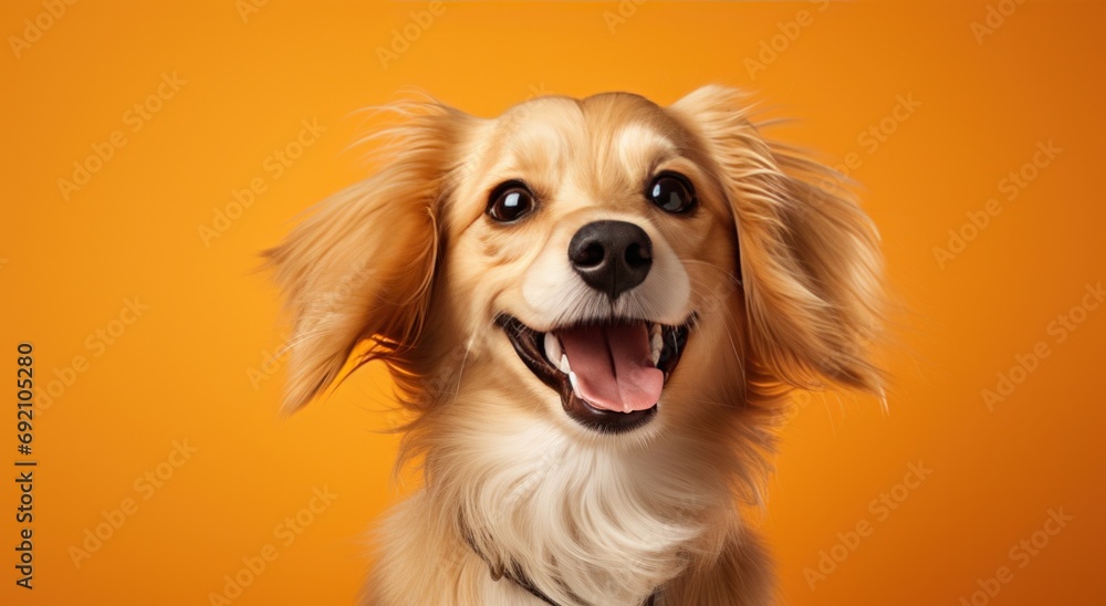 canine smiling in the front of an orange background