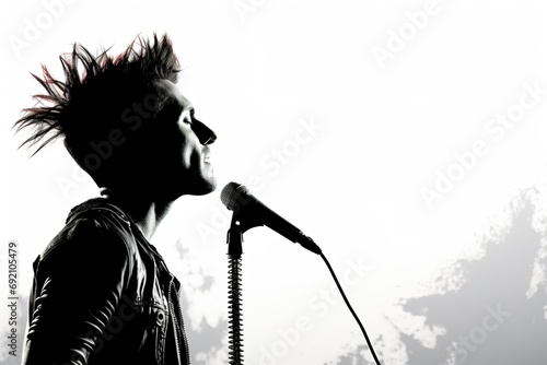 black and white image of rock musician guy singing into a microphone on a white background