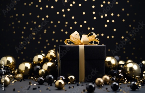 christmas gift in black box with golden balls on background flat black confetti