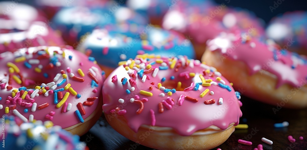 colorful doughnuts with sprinkles over top with yellow frosting and pink speckled sprinkles colorful doughnuts with sprinkles over top with yellow frosting and pink speckled sprinkles