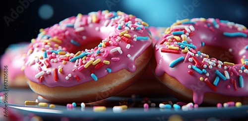 colorful doughnuts with sprinkles over top with yellow frosting and pink speckled sprinkles
