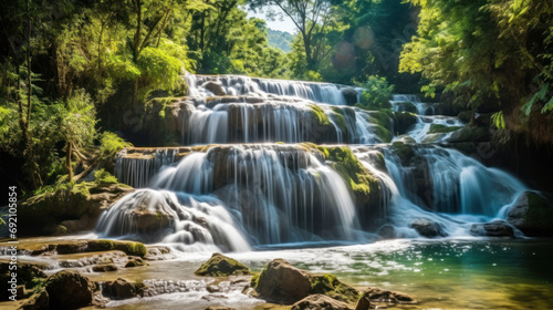 Beautiful waterfall surrounded by trees and plants in the forest. Ai generative.