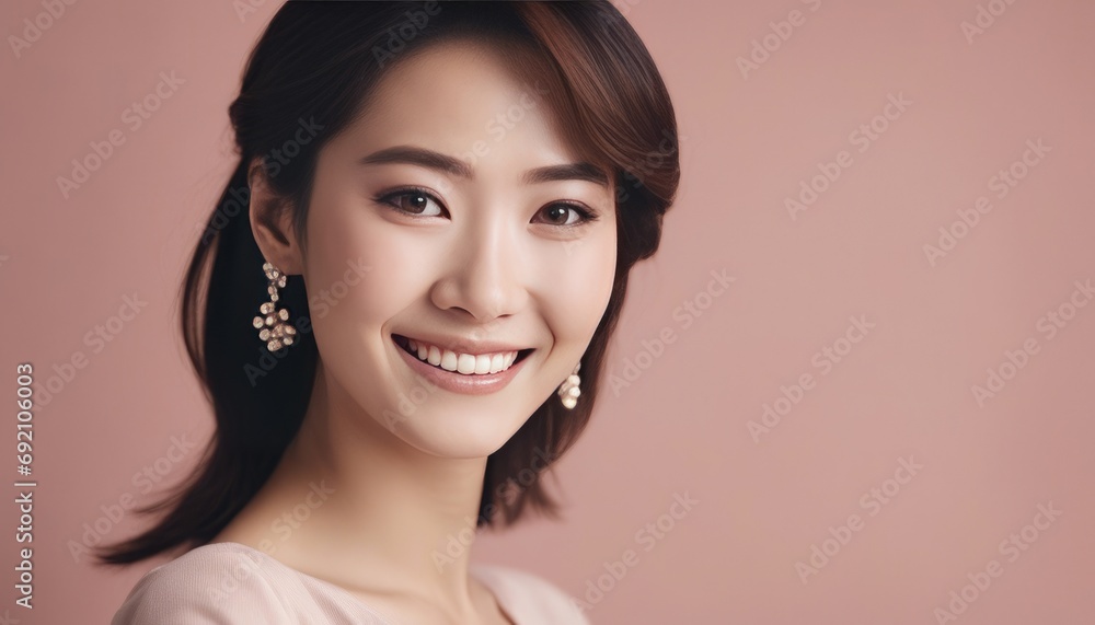 Portrait of a joyful fictional Japanese woman smiling. Graceful and elegant lady. Natural beauty. for skincare, cosmetic, model Portrait of a joyful fictional Japanese woman smiling. Graceful and elegant lady. Natural beauty. for skincare, cosmetic, model