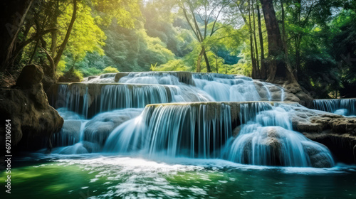 Beautiful waterfall surrounded by trees and plants in the forest. Ai generative.