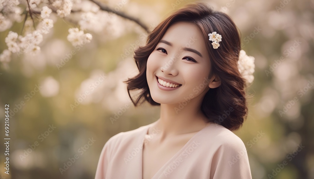 Portrait of a joyful fictional Japanese woman smiling. Graceful and elegant lady. Natural beauty. for skincare, cosmetic, model Portrait of a joyful fictional Japanese woman smiling. Graceful and elegant lady. Natural beauty. for skincare, cosmetic, model