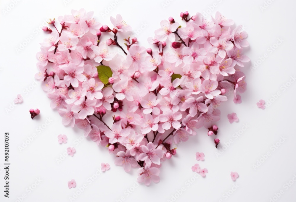 Obraz premium heart made of pink cherry blossoms on the white surface