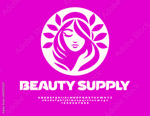Vector glamour emblem Beauty Supply with elegant decoration. White creative Font. Chic set of Alphabet Letters and Numbers