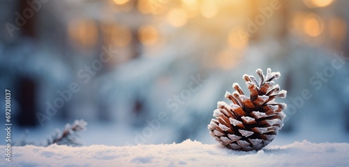 A frosty pine cone with a wintery bokeh background. photo