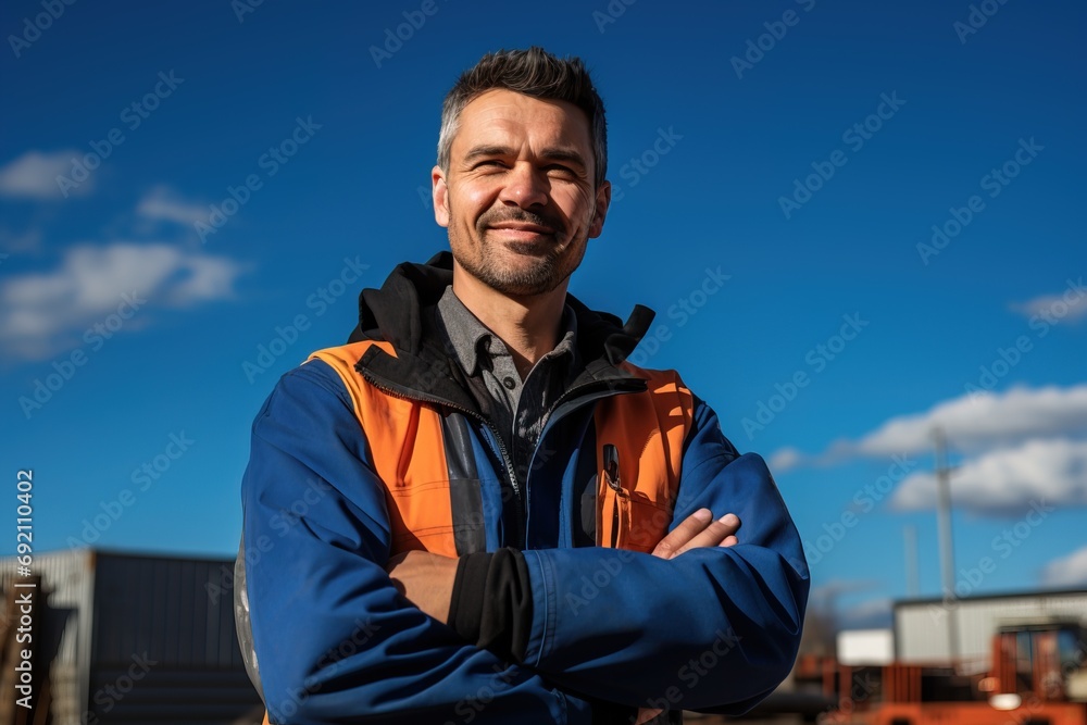 warehouse worker in a uniform blue jacket and orange vest against the background of the loading zone at the enterprise - obrazy, fototapety, plakaty 