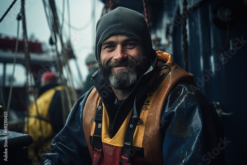 Smiling elderly sailor fisherman in a hat and diving suit on a blurred background of the deck of an old ship