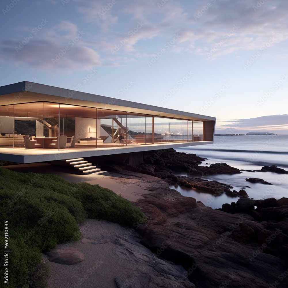 A minimalist villa, suspended on a rock, overlooking the ocean A minimalist villa, suspended on a rock, overlooking the ocean