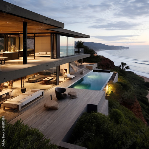 A minimalist villa  suspended on a rock  overlooking the ocean