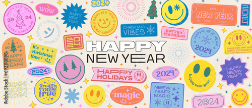 Cool Christmas Stickers Collage Background. Set Of Y2k Smile Happy New Year 2024 Patches Vector Design. Pop Art Elements. photo