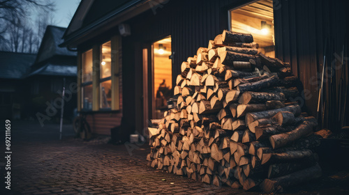 Outdoor woodshed or wood shed in the garden, many stacks of wood in the evening. Fuel crisis, firewood for fireplace or stove, natural fuel from logs.