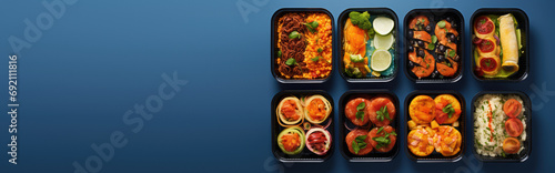 Top view of plastic rectangular open containers of ready-to-eat or convenience foods. Useful daily rations to order food, delivery of ready meals on blue background. photo