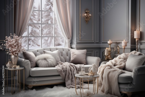 Cozy christmas apartment with luxurious design and modern furniture. A cozy Scandinavian apartment featuring modern furniture and a warm, inviting ambience. 