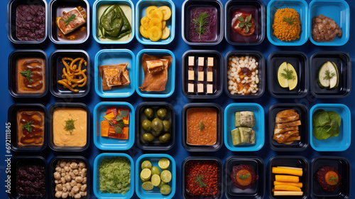 Top view of plastic rectangular open containers of ready-to-eat or convenience foods. Useful daily rations to order food, delivery of ready meals on blue background. photo