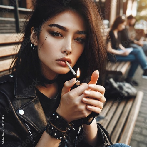 Young woman sitting in the park smoking cannabis weed in public. Marijuana ganja joint cigarette. Colorado. Amsterdam. Holland. Netherlands. Legalization. 420. CSC. Patient lighting up. Generative AI photo